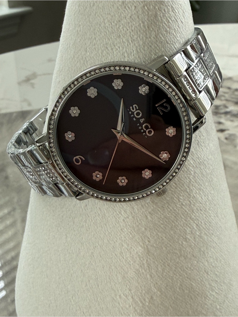 Women's Silver Watch with Black Dial and Crystal Accents